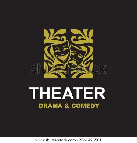 golden icon of comedy and tragedy theatrical masks isolated on black background