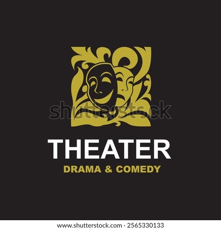 golden icon of comedy and tragedy theatrical masks isolated on black background