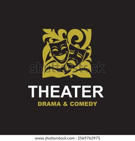 golden icon of comedy and tragedy theatrical masks isolated on black background