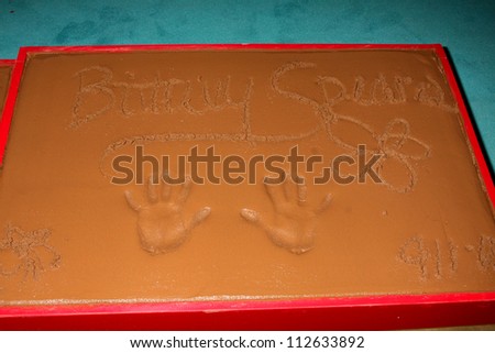 LOS ANGELES - SEP 11:  Britney Spears Handprints at the FOX  X-Factor Judges Handprint Ceremony at Graumans Chinese Theater on September 11, 2012 in Los Angeles, CA