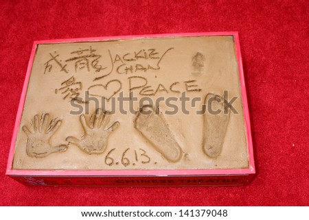 LOS ANGELES - JUN 6:  Jackie Chan\'s Handprints and Footprints, and nose print! at the Hand & Footprint ceremony for Jackie Chan at the TCL Chinese Theater on June 6, 2013 in Los Angeles, CA
