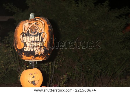 LOS ANGELES - OCT 4:  Grand Theft Auto Carved Pumpkin at the RISE of the Jack O\'Lanterns at Descanso Gardens on October 4, 2014 in La Canada Flintridge, CA