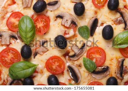 Texture pizza with mushrooms, olives, basil and cherry tomatoes. macro