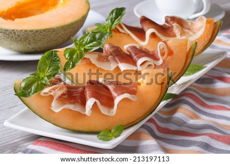 Melon with prosciutto and basil close-up on a white plate. horizontal