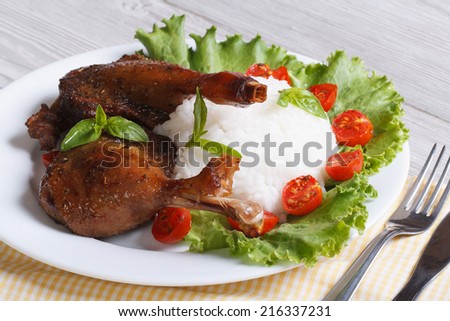 roasted duck leg with rice and vegetables on the plate closeup horizontal. top view