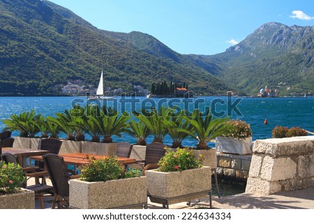 Cafe on the waterfront in Perast. Kotor Bay, Montenegro