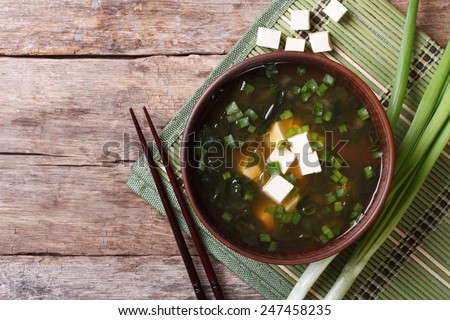 Japanese miso soup in a brown bowl on the table. horizontal view from above