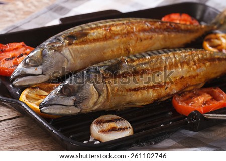 sea fish grilled mackerel and vegetables on the grill pan closeup. horizontal