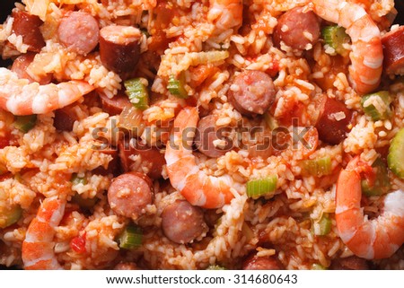 Creole food: macro jambalaya. Horizontal top view above background