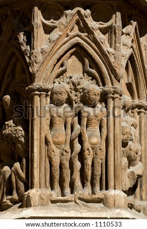 Adam and Eve, detail, Tarragona cathedral, Catalonia, Spain