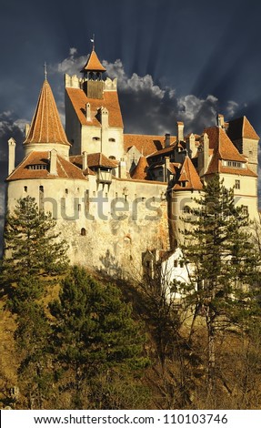 Dracula\'s Bran Castle at sunset, nice reflections on background !