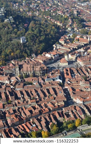 Brasov city center with Black church, Black and White Towers, view from Tampa Mountain, portrait view