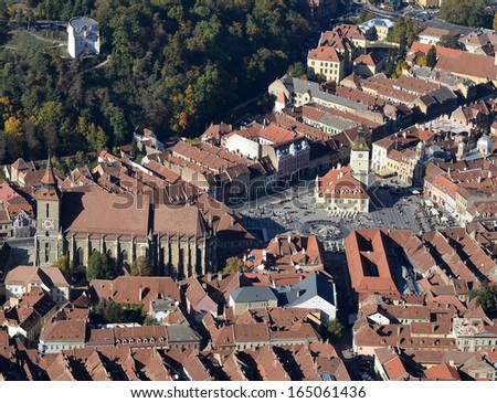 Brasov city center with Black church, Black and White Towers, view from Tampa Mountain