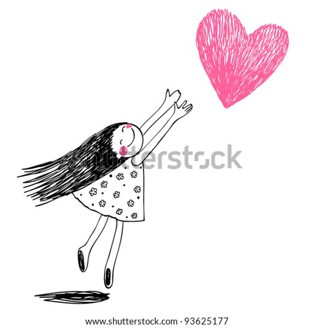 Cute Little Girl Holding Heart. Vector Doodles Illustration - 93625177 ...