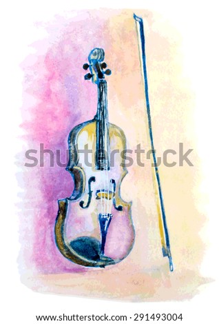 watercolor hand drawn violin and a bow. vector illustration
