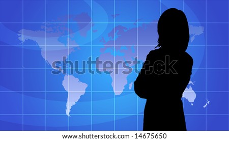 Business Woman Silhouette In Front Of World Map Background