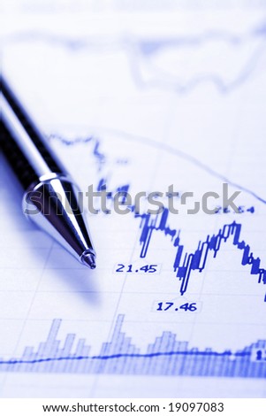Blue Business Chart - Crash, Decreasing Graph, Focus On Tip Of Pen