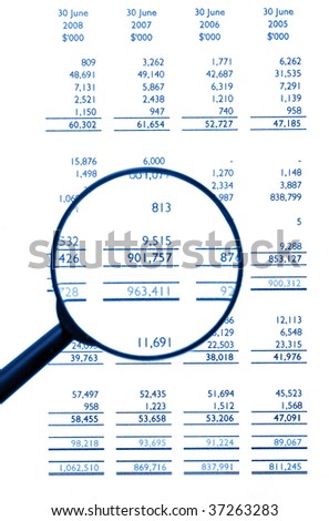 Magnifying Glass On Financial Balance Sheet, Business / Finance, Background, Blue Tone