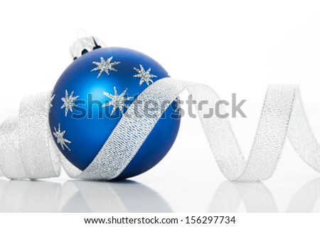 Blue xmas ball and silver ribbon on white background. Merry christmas!