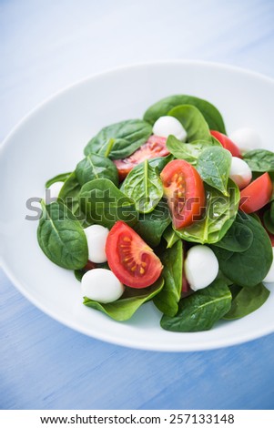 Fresh salad with mozzarella cheese, tomato and spinach on blue wooden background close up. Healthy food.
