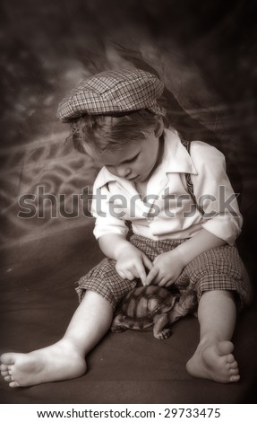 Little Boy with Turtle, Old Fashioned Black and White
