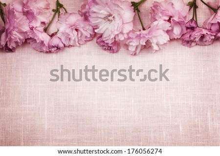 Border of pink cherry blossoms row with linen background