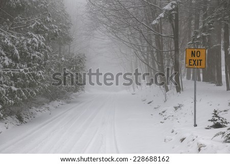 Winter road and trees covered in snow with Yellow No Exit sign