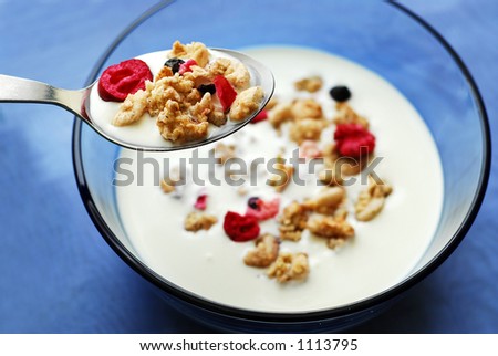 Breakfast cereal in a bowl with a spoon
