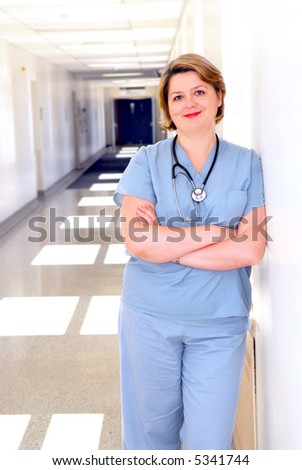 Portrait of a female doctor or nurse in a hospital corridor