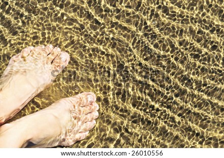 Bare feet wading in clear shallow water at sandy beach