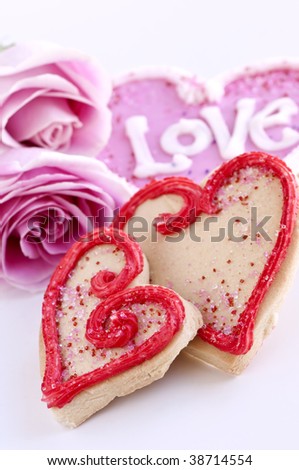 Homemade baked shortbread Valentine cookies with roses