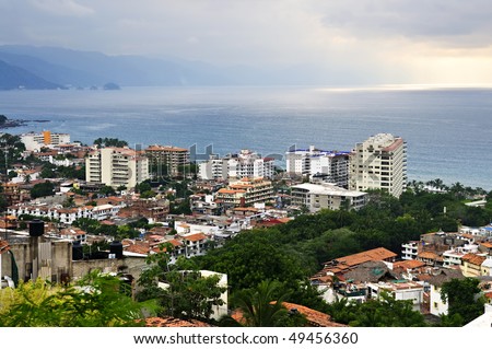 Cityscape view from above with Pacific ocean in Puerto Vallarta, Mexico