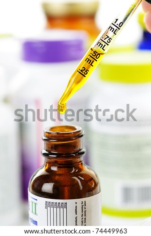 Closeup of liquid medicine in glass dropper and bottle