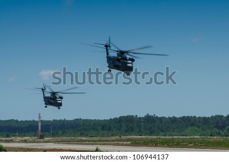 OVAR, PORTUGAL - JULY 06: German CH53 Sea Stalion helicopters during the multinational helicopter exercise Hot Blade 2012 on july 06, 2012 in Ovar, Portugal.