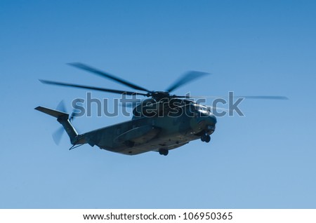 OVAR, PORTUGAL - JULY 06: German CH53 Sea Stalion helicopter during the multinational helicopter exercise Hot Blade 2012 on july 06, 2012 in Ovar, Portugal.