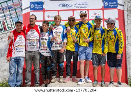 CASTELO BRANCO, PORTUGAL - MAY 5: Teams podium at the 3rd stage of the Luso-Spanish BMX race Trophy the  on may 5, 2013 in Castelo Branco, Portugal.