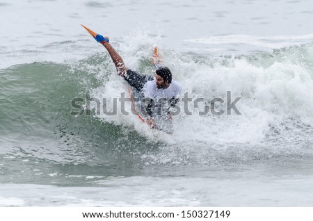 OVAR, PORTUGAL - AUGUST 16: Jaime Jesus at the 2nd Stage of the Bodyboard Protour 2013 on august 16, 2013 in Ovar, Portugal.
