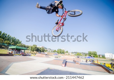 FELGUEIRAS, PORTUGAL - AUGUST 17, 2014: Rodrigo Vicente during the 1st Stage of the DVS BMX Series 2014 by Fuel TV.