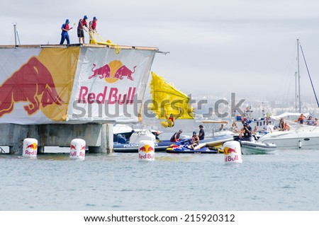 CASCAIS, PORTUGAL - SEPTEMBER 6 2014: Sesame Street Boys team at the Red Bull Flugtag, event in which competitors attempt to fly homemade human-powered flying machines.