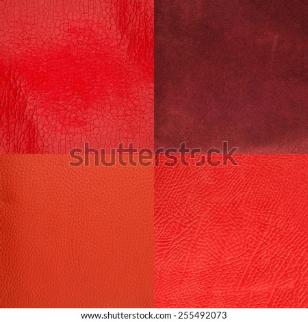 Set of red leather samples, texture background.