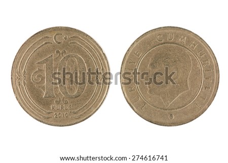 Front and Back view of a Turkish 10 Kurus Coin on a white background