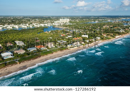 Aerial View Of Atlantic Ocean Shoreline At Palm Beach County In Florida ...