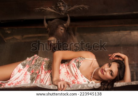old western saloon scene with brunette lady lounging on bar beneath bison head, with copy space at top