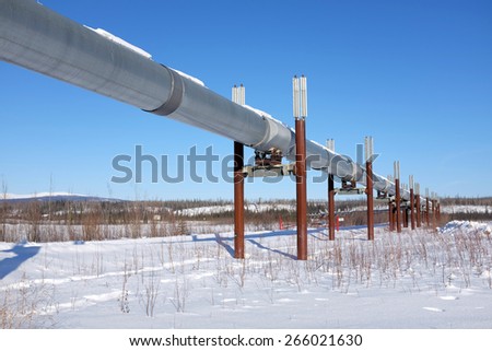 ALONG DALTON HWY, ALASKA-MARCH 2, 2015:  Alaska\'s North Slope oil pipeline carried 7% less crude oil in Jan. 2015 vs Jan. 2014 and 70% less than Jan. 1985. The pipeline is shown as of March 2, 2015.