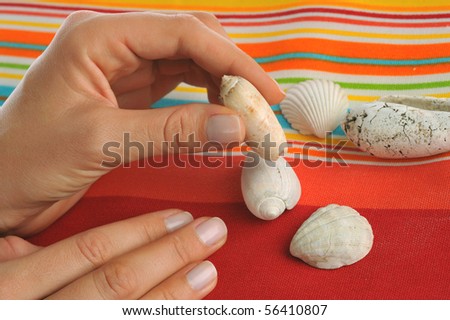 perfect female hand and fingers with sea shells