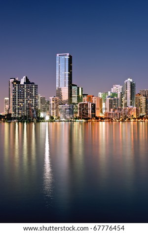 twilight glow on skyline of miami along biscayne bay on cloudless, calm evening, december 2010.  actual reflections, high resolution capture