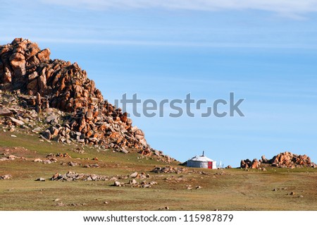 Mongolian nomad home in desert mountains