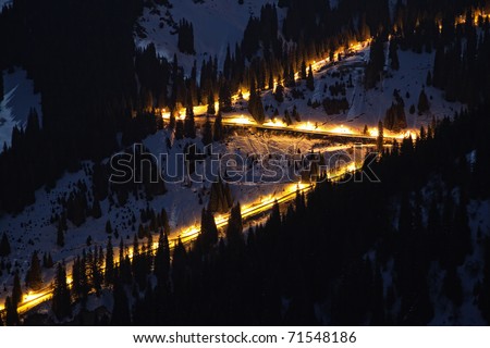 Night Road by mountain ski resort Chimbulak in Almaty, Kazakhstan