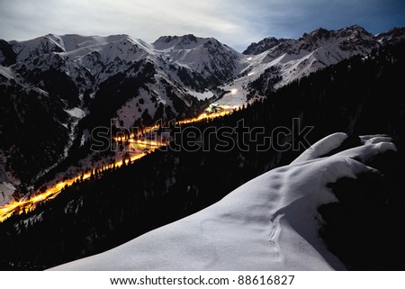 Night Road by mountain ski resort Chimbulak in Almaty, Kazakhstan
