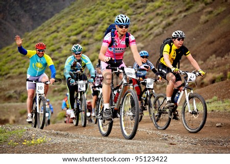 ALMATY, KAZAKHSTAN - MAY 2: Mountain bikers in action at Adventure mountain bike cross-country marathon \